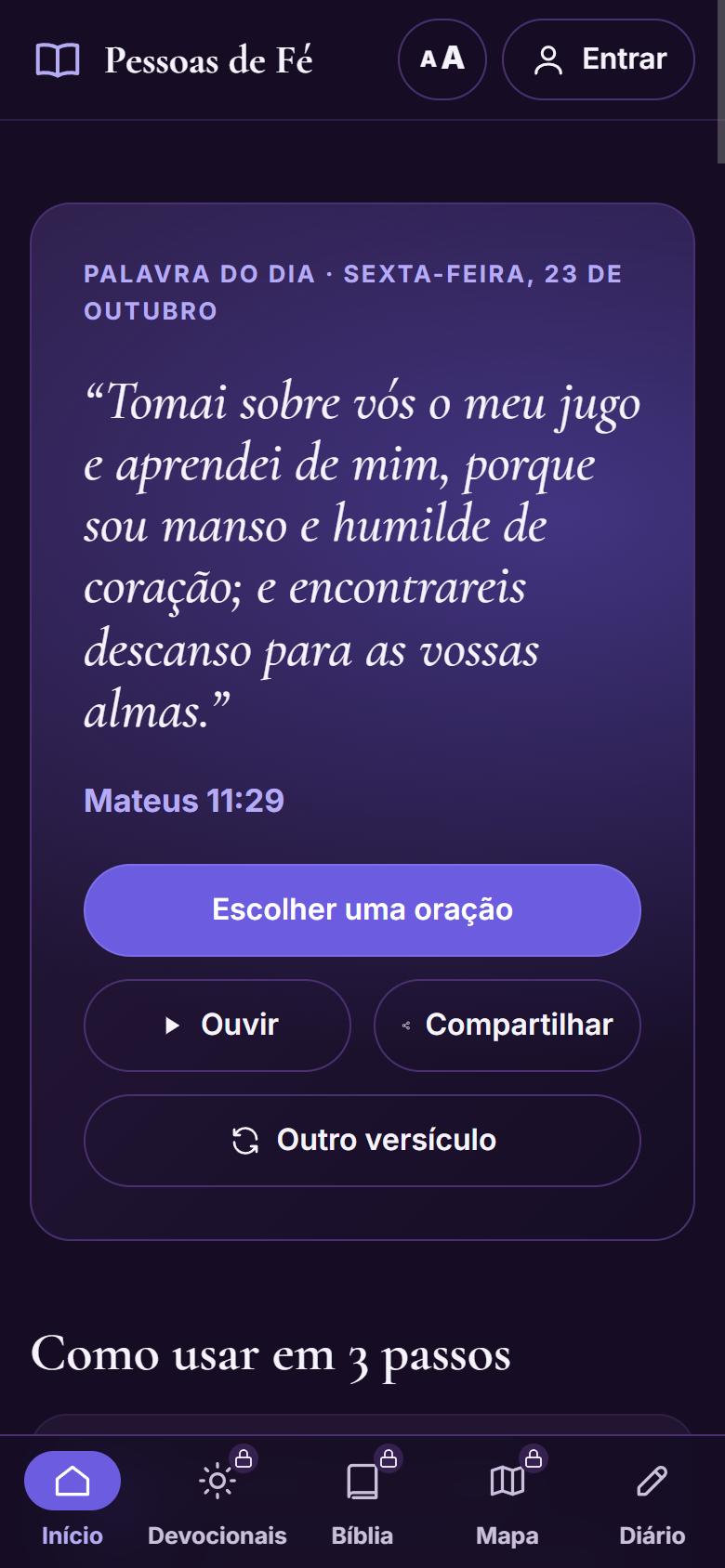 Tela inicial do aplicativo Pessoas de Fé no celular, com a Palavra do dia e os botões Escolher uma oração, Ouvir e Compartilhar.